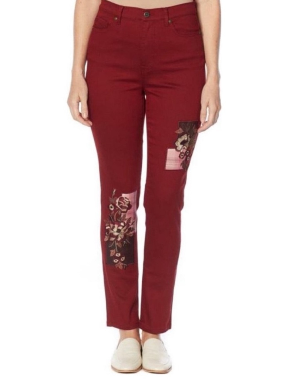 NWT DG2 by Diane Gilman Pants Size 8P Wine Red Straight-Leg Embroidered Patches